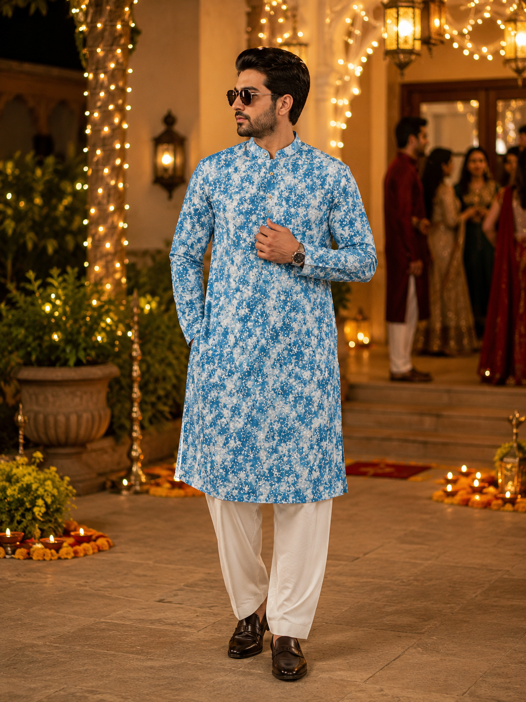 ShreeVastram Earthy Floral Blue Brocade Kurta Set
